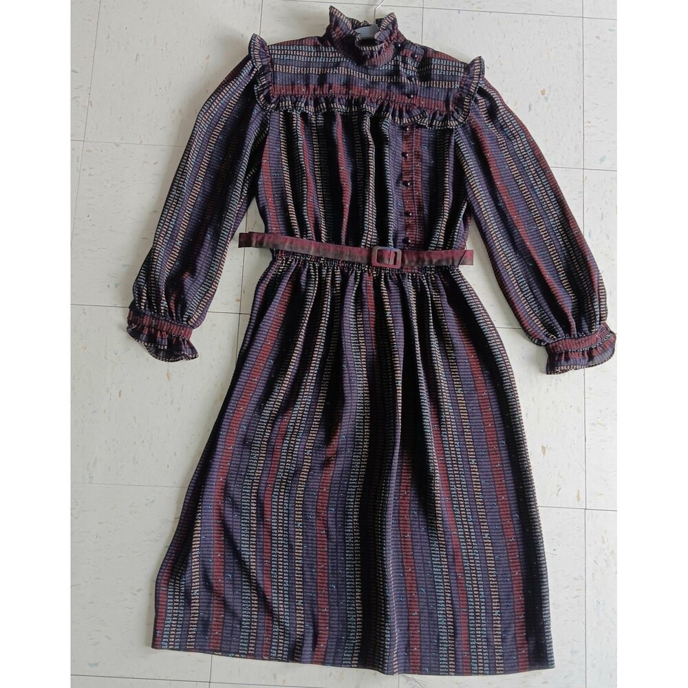 Vintage Ronnie Heller Navy Blue , Burgandy Striped Dress Size M Ruffles